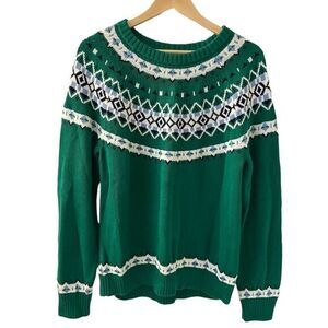 J. Crew Factory Green and White Fair Isle Cotton 
Crewneck Sweater Size XL